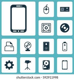 Set Of 12 Computer Hardware Icons. Includes Settings, Battery, File Scanner And Other Symbols. Beautiful Design Elements.