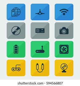Set Of 12 Computer Hardware Icons. Includes Power Generator, Accumulator Sign, Cd-Rom And Other Symbols. Beautiful Design Elements.