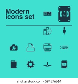 Set Of 12 Computer Hardware Icons. Includes Power Generator, Aux Cord, Camera And Other Symbols. Beautiful Design Elements.