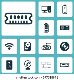 Set Of 12 Computer Hardware Icons. Includes Accumulator Sign, Hdd, Battery And Other Symbols. Beautiful Design Elements.