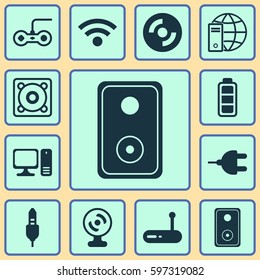 Set Of 12 Computer Hardware Icons. Includes Music, Blank Cd, Web Camera And Other Symbols. Beautiful Design Elements.