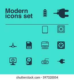 Set Of 12 Computer Hardware Icons. Includes Computer Ventilation, Vga Cord, Accumulator Sign And Other Symbols. Beautiful Design Elements.