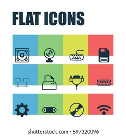 Set Of 12 Computer Hardware Icons. Includes Computer Keypad, Settings, Music And Other Symbols. Beautiful Design Elements.