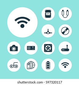 Set Of 12 Computer Hardware Icons. Includes Portable Memory, Computer Ventilation, Joystick And Other Symbols. Beautiful Design Elements.