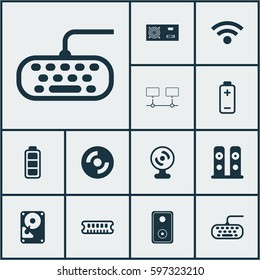 Set Of 12 Computer Hardware Icons. Includes Dynamic Memory, Blank Cd, Web Camera And Other Symbols. Beautiful Design Elements.