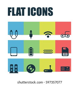 Set Of 12 Computer Hardware Icons. Includes Joystick, Loudspeakers, Blank Cd And Other Symbols. Beautiful Design Elements.