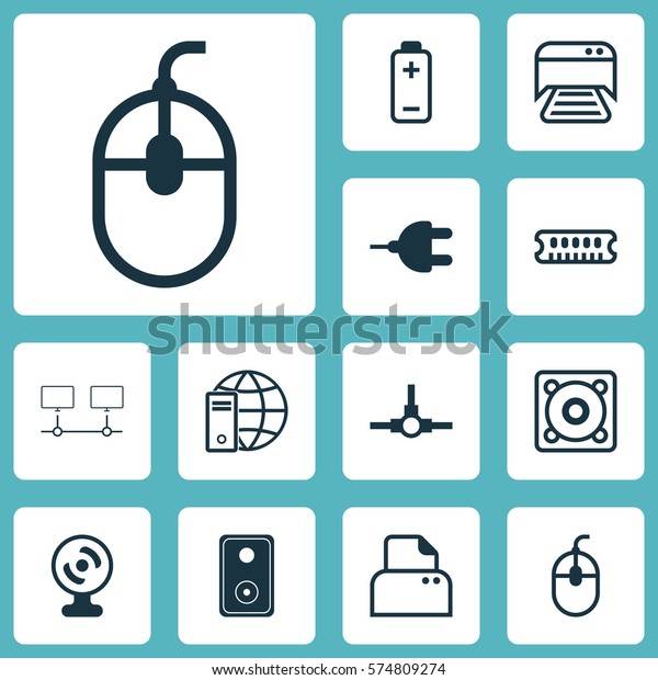 Set Of 12 Computer Hardware Icons. Includes\
Internet Network, Control Device, Battery And Other Symbols.\
Beautiful Design Elements.