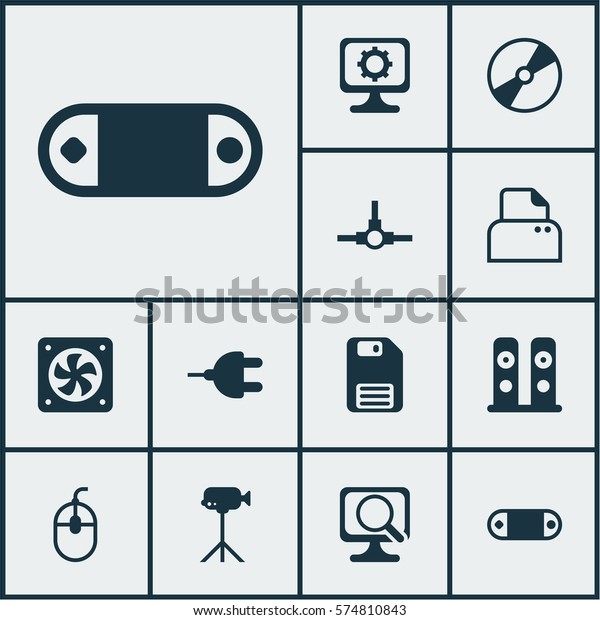 Set Of 12 Computer Hardware Icons. Includes PC,\
Radio Set, Computer Ventilation And Other Symbols. Beautiful Design\
Elements.
