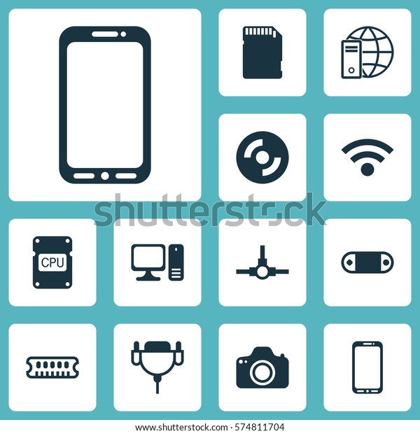 Set Of 12 Computer Hardware Icons. Includes\
Internet Network, Camera, Wireless And Other Symbols. Beautiful\
Design Elements.