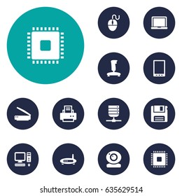Set Of 12 Computer Icons Set.Collection Of Photocopy, Datacenter, Computer And Other Elements.