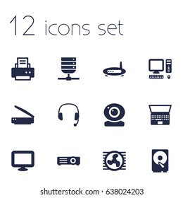 Set Of 12 Computer Icons Set.Collection Of Datacenter, Fan, Headset And Other Elements.