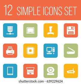 Set Of 12 Computer Icons Set.Collection Of Palmtop, Photocopy, Notebook And Other Elements.