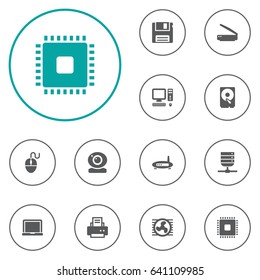 Set Of 12 Computer Icons Set.Collection Of Datacenter, Laptop, Control Device And Other Elements.