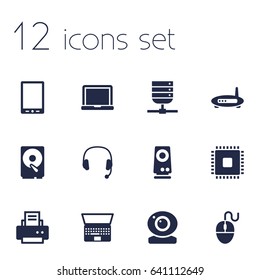 Set Of 12 Computer Icons Set.Collection Of Headset, Control Device, Peripheral And Other Elements.