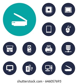 Set Of 12 Computer Icons Set.Collection Of Palmtop, Microprocessor, Computer And Other Elements.
