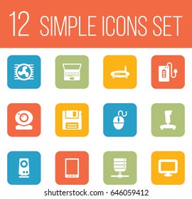 Set Of 12 Computer Icons Set.Collection Of Notebook, Control Device, Display And Other Elements.