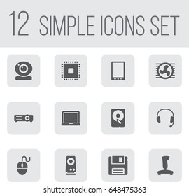 Set Of 12 Computer Icons Set.Collection Of Palmtop, Joystick, Record And Other Elements.