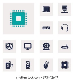 Set Of 12 Computer Icons Set.Collection Of Amplifier, Show, Router And Other Elements.