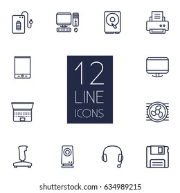 Set Of 12 Computer Outline Icons Set.Collection Of Floppy, Tablet, Powerbank And Other Elements.
