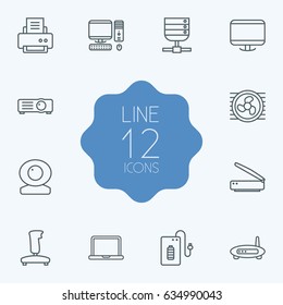 Set Of 12 Computer Outline Icons Set.Collection Of Monitor, Notebook, Projector And Other Elements.