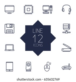 Set Of 12 Computer Outline Icons Set.Collection Of Speaker, Notebook, Computer Mouse And Other Elements.