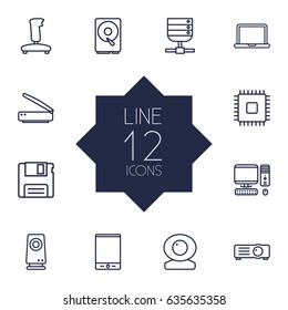 Set Of 12 Computer Outline Icons Set.Collection Of Floppy, Web Cam, PC And Other Elements.