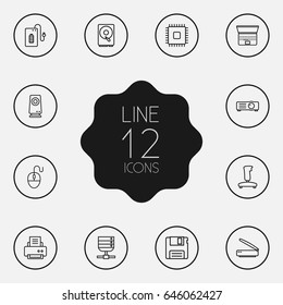 Set Of 12 Computer Outline Icons Set.Collection Of Gamepad, Floppy, Hdd And Other Elements.