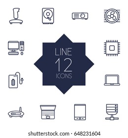 Set Of 12 Computer Outline Icons Set.Collection Of Tablet, Gamepad, Laptop And Other Elements.