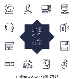 Set Of 12 Computer Outline Icons Set.Collection Of Projector, Computer Mouse, Hdd And Other Elements.