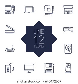 Set Of 12 Computer Outline Icons Set.Collection Of Laptop, Projector, Modem And Other Elements.
