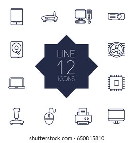 Set Of 12 Computer Outline Icons Set.Collection Of Hdd, Cpu, Tablet And Other Elements.