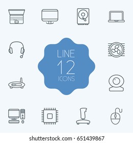 Set Of 12 Computer Outline Icons Set.Collection Of Hdd, Web Cam, Computer Mouse And Other Elements.