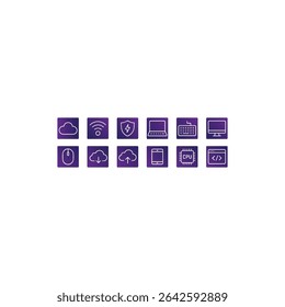 Conjunto de 12 Ícones de Computador e Tecnologia - Símbolos Vetoriais de Dispositivos, Hardware e Tecnologia Digital. Estilo de ilustração de linha simples.
