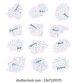 Set of 12 constellations with brush lettering and doodle background. Handwritten typography. Stylized sky map. Ready-to-print design template. Clothes badge,icon,logo,banner,tag. Vector illustration.