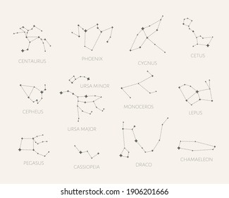 Set of 12 Constellations. Centaurus, Phoenix, Cygnus, Getus, Cepheus, Ursa Minor, Ursa Major, Monoceros, Lepus, Pegasus, Cassiopeia, Draco, Chamaeleon