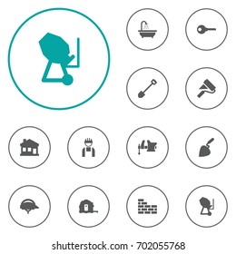 Set Of 12 Construction Icons Set.Collection Of Hardhat, Brick Wall, Clamp And Other Elements.