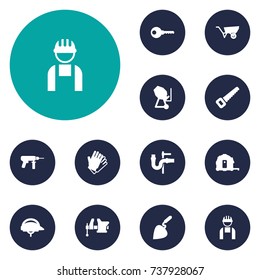 Set Of 12 Construction Icons Set.Collection Of Cement Machine, Worker, Pipeline And Other Elements.