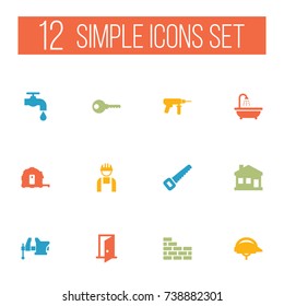 Set Of 12 Construction Icons Set.Collection Of Meter, Electric Screwdriver, Hacksaw And Other Elements.