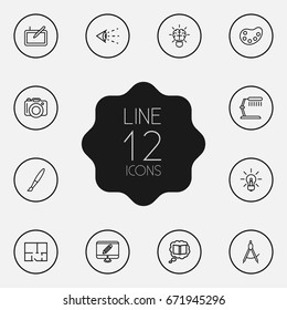Set Of 12 Constructive Outline Icons Set.Collection Of Dividers, Brain, Dslr Camera And Other Elements.