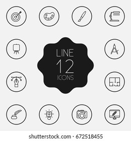 Set Of 12 Constructive Outline Icons Set.Collection Of Inkwell With Pen, Table Lamp, Brain And Other Elements.