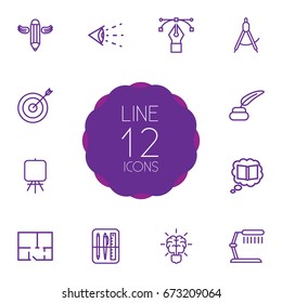Set Of 12 Constructive Outline Icons Set.Collection Of Target, Property Plan, Brain And Other Elements.