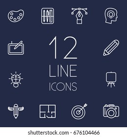 Set Of 12 Constructive Outline Icons Set.Collection Of Bezier Curve, Writing, Property Plan And Other Elements.