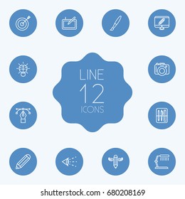 Set Of 12 Constructive Outline Icons Set.Collection Of Paintbrush, Bezier Curve, Dslr Camera And Other Elements.