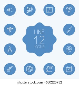 Set Of 12 Constructive Outline Icons Set.Collection Of Knowledge, Paintbrush, Writing And Other Elements.