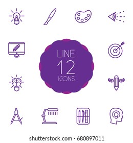Set Of 12 Constructive Outline Icons Set.Collection Of Dividers, Idea, Table Lamp And Other Elements.