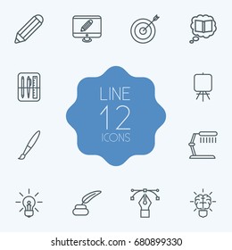 Set Of 12 Constructive Outline Icons Set.Collection Of Target, Table Lamp, Brain And Other Elements.