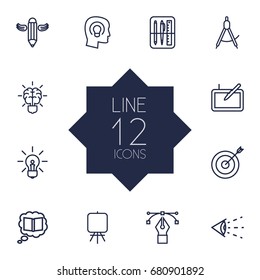 Set Of 12 Constructive Outline Icons Set.Collection Of Writing, Knowledge, Bezier Curve And Other Elements.