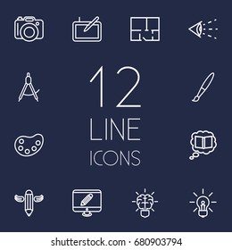 Set Of 12 Constructive Outline Icons Set.Collection Of Knowledge, Vision, Dividers And Other Elements.