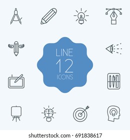 Set Of 12 Constructive Outline Icons Set.Collection Of Graphic Tablet, Brain, Writing And Other Elements.