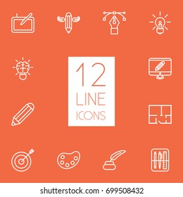 Set Of 12 Constructive Outline Icons Set.Collection Of Bezier Curve, Brain, Property Plan And Other Elements.